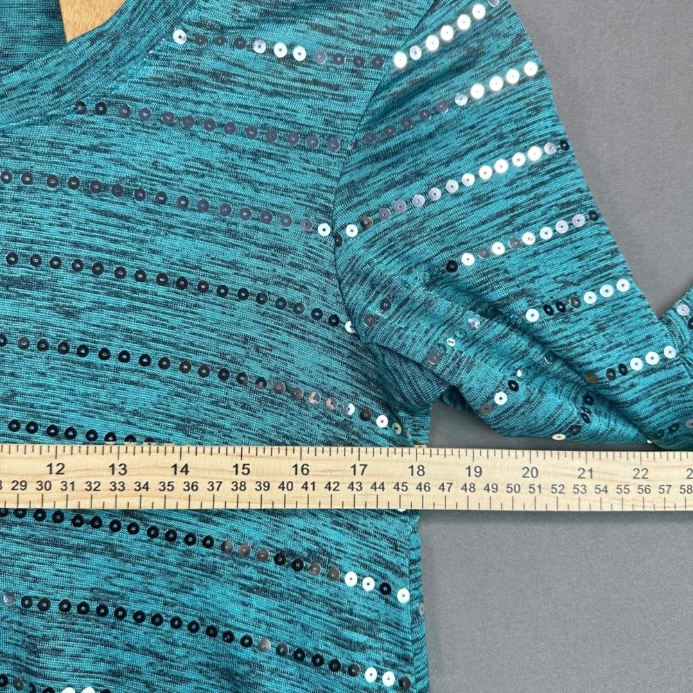 Peck & Peck Top Womens S Teal Excellent Sequin Sharkbite Hem Space Dye Sparkle
